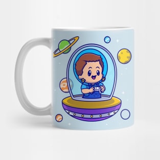 Cute Boy Astronaut Playing Game In Ufo Cartoon Mug